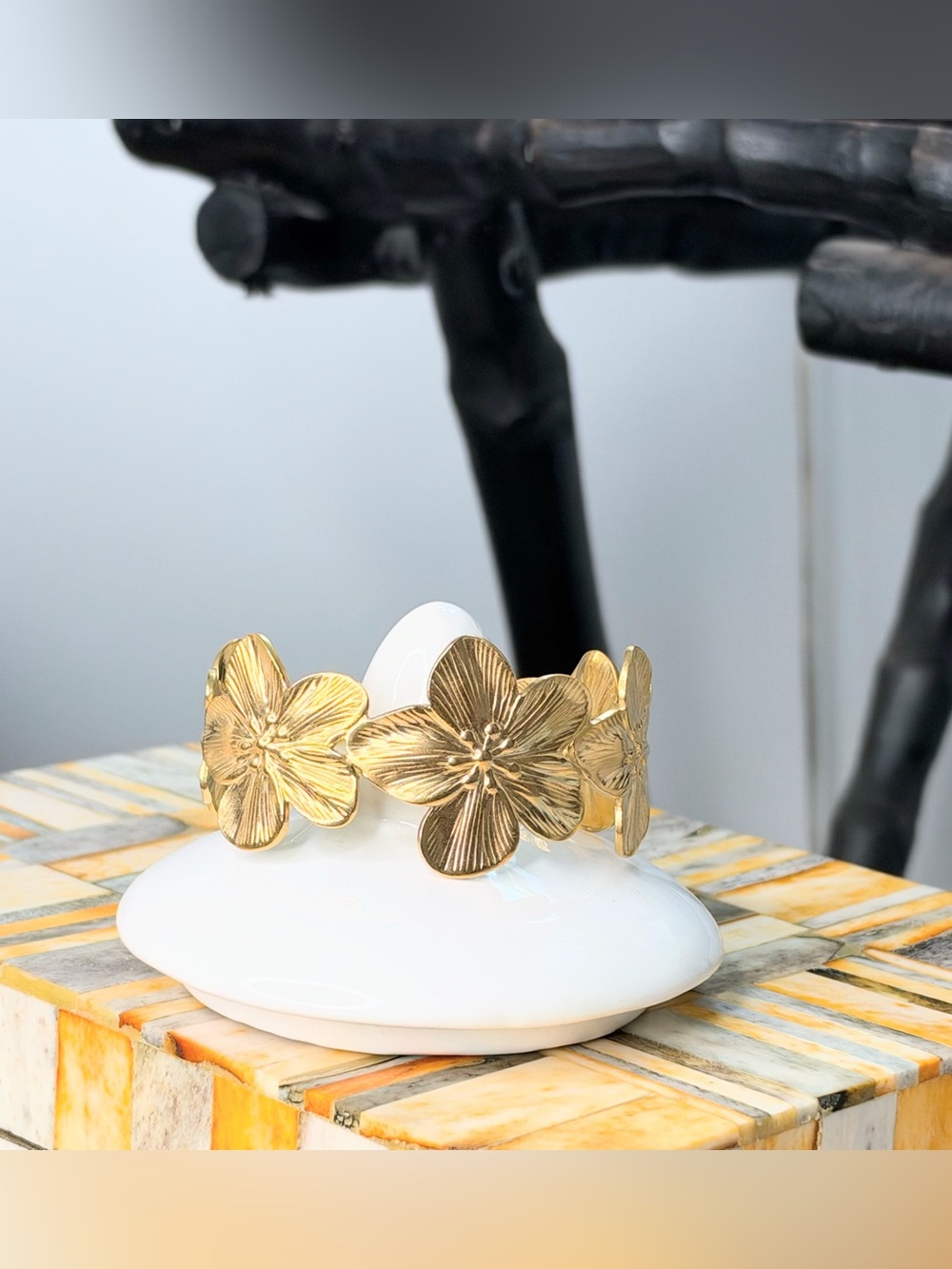 Gold Tone Floral Cuff Bracelet 7” Textured Flower Statement Botanical Jewelry